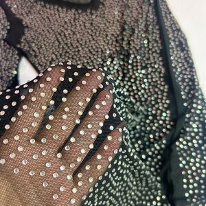 Black Long Sleeve Mesh Dress with Rhinestones